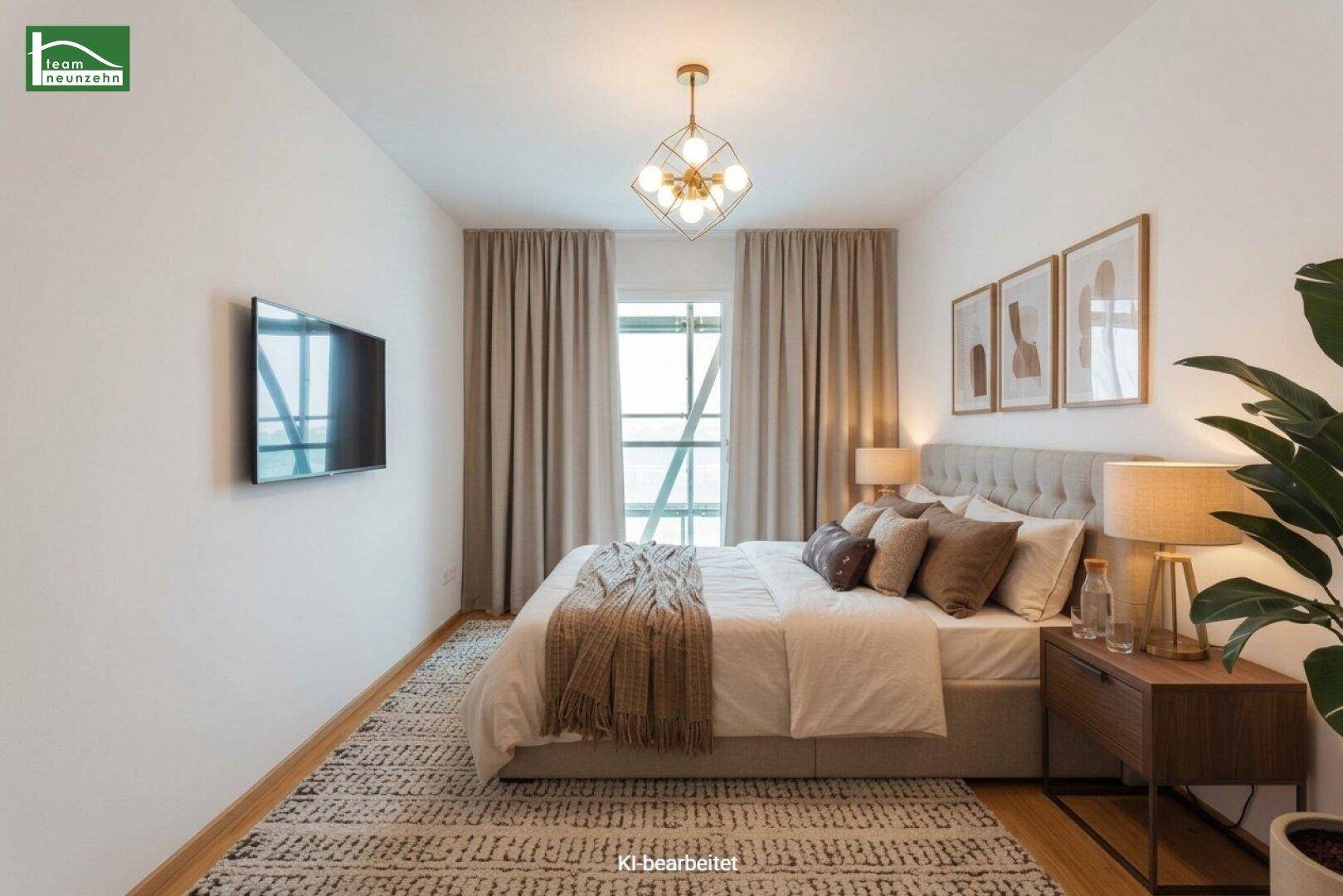 Gemütliches Schlafzimmer mit Doppelbett, Holzboden und modernem Deckenlicht.