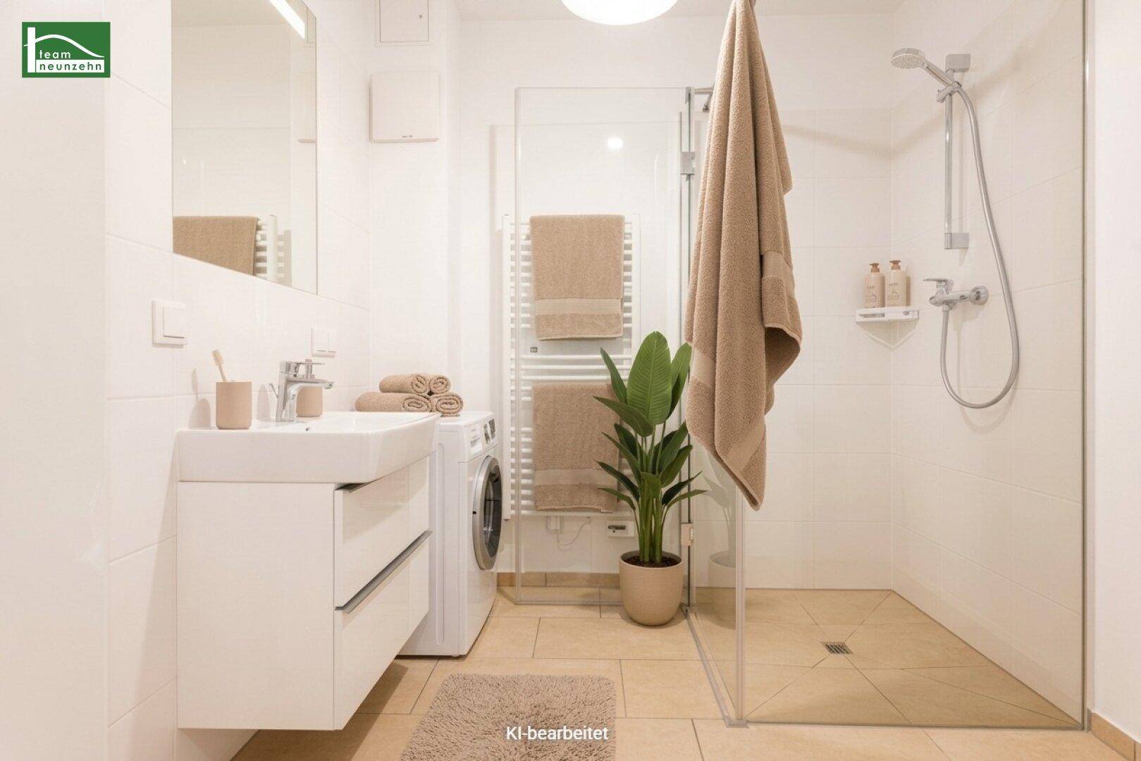 Modernes Badezimmer mit ebenerdiger Dusche, Waschbecken und integrierter Waschmaschine.