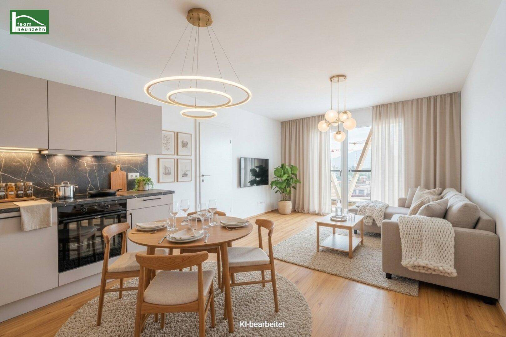 Heller offener Wohn-Essbereich mit integrierter Küche, modernem Design und Zugang zum Balkon.