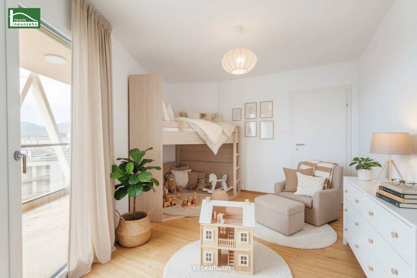 Helles Kinderzimmer mit Etagenbett, Spielzeug und Zugang zu einem Außenbereich.