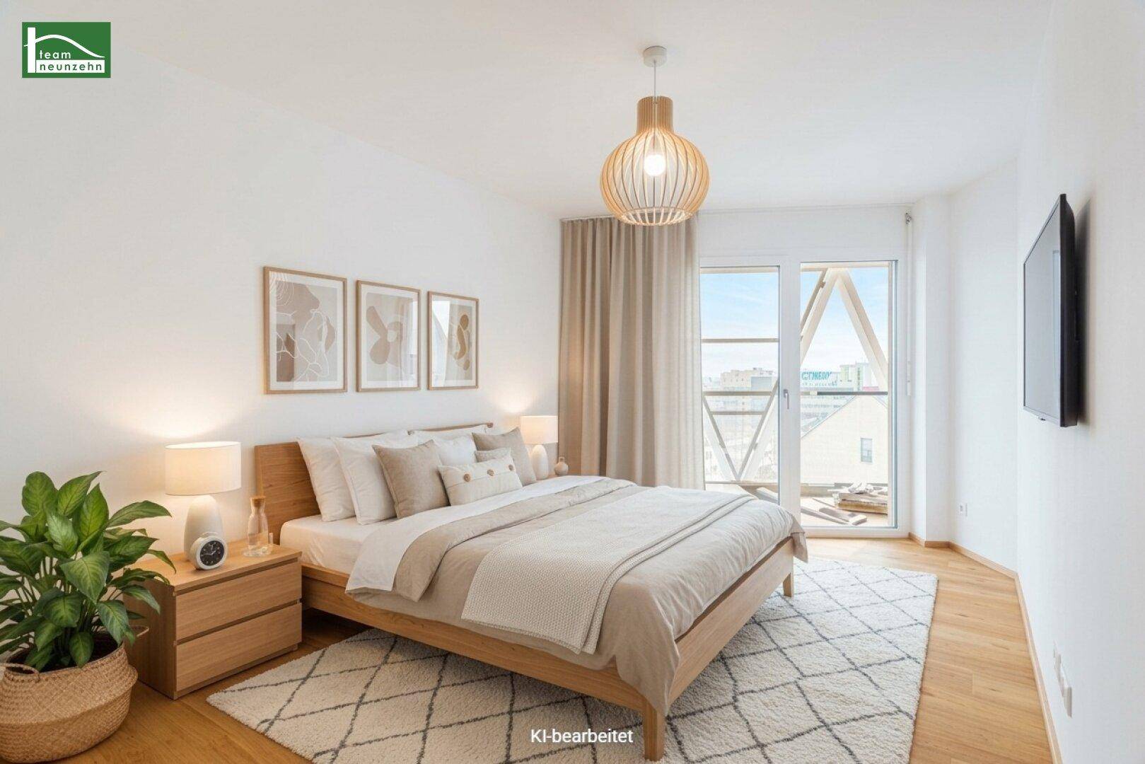 Gemütliches Schlafzimmer mit Holzbett, Parkettboden und Zugang zum Balkon.
