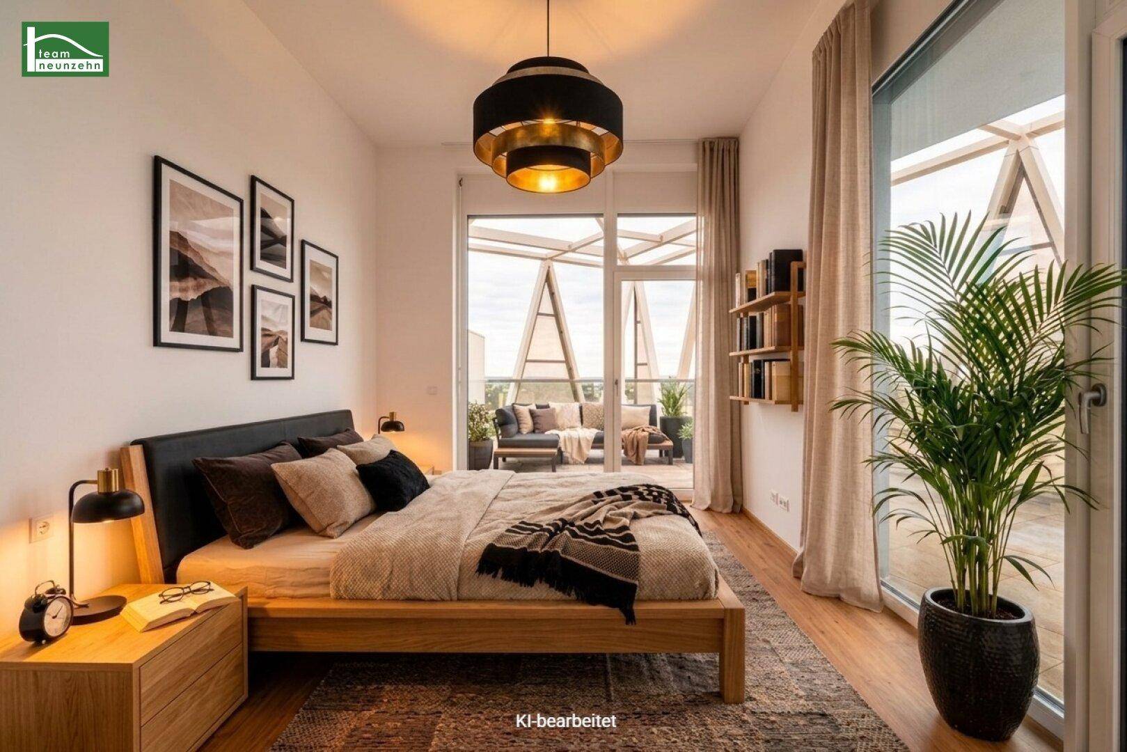 Gemütliches Schlafzimmer mit Holzbett, Parkettboden und direktem Zugang zu einer großen Terrasse.