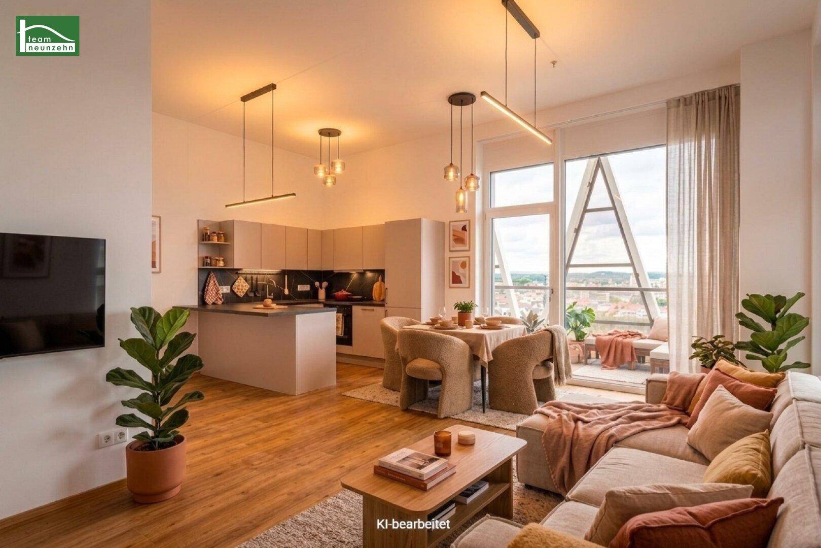Offener Wohn-Essbereich mit integrierter Küche, Holzboden und Zugang zu einem Balkon mit Aussicht.