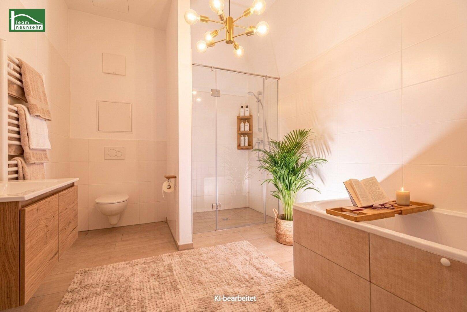 Modernes Badezimmer mit begehbarer Dusche, Badewanne und eleganten Holzwaschtischunterschränken.