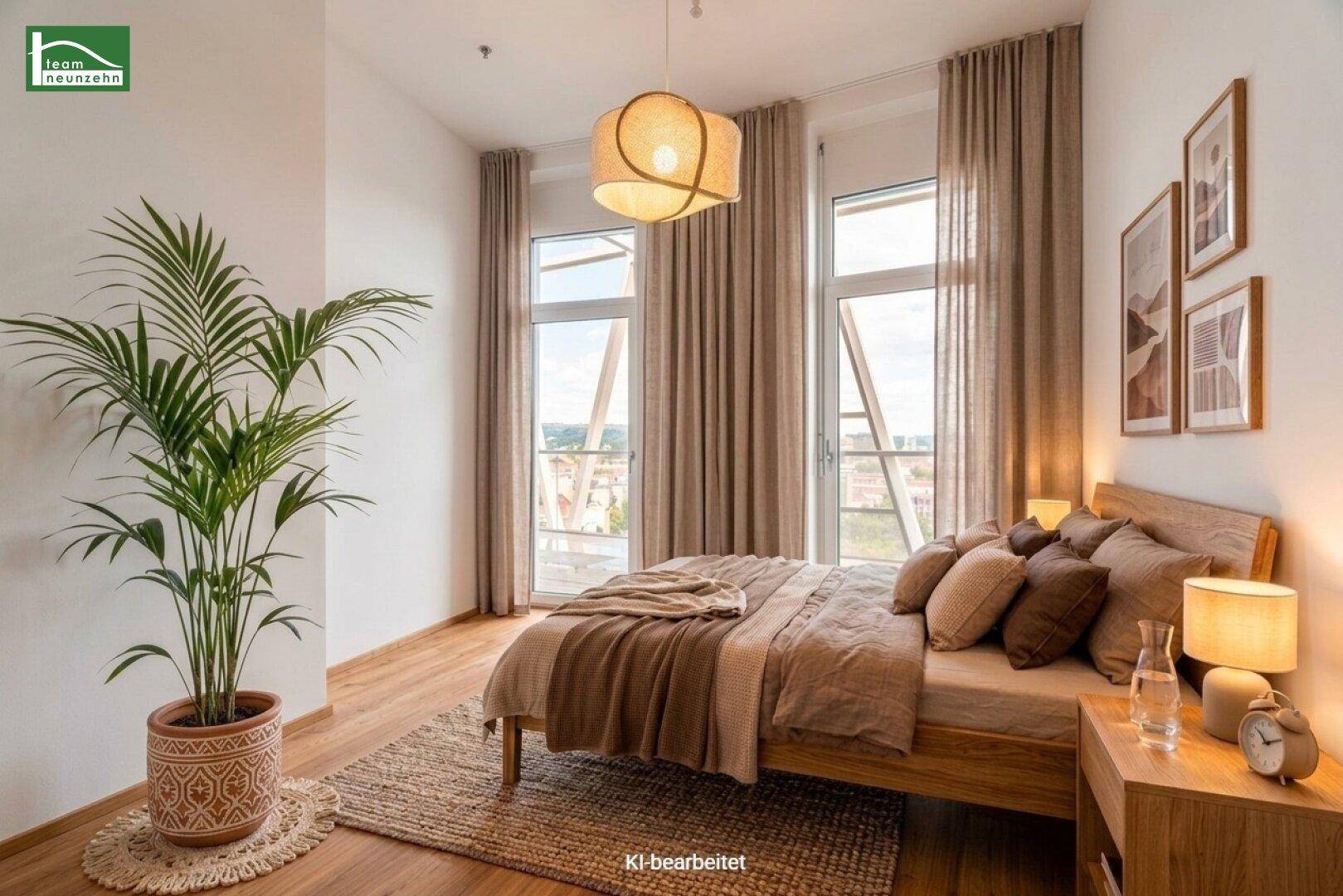 Gemütliches Schlafzimmer mit Holzbett, großen Fenstern und weitem Blick auf die Stadt und die Natur.