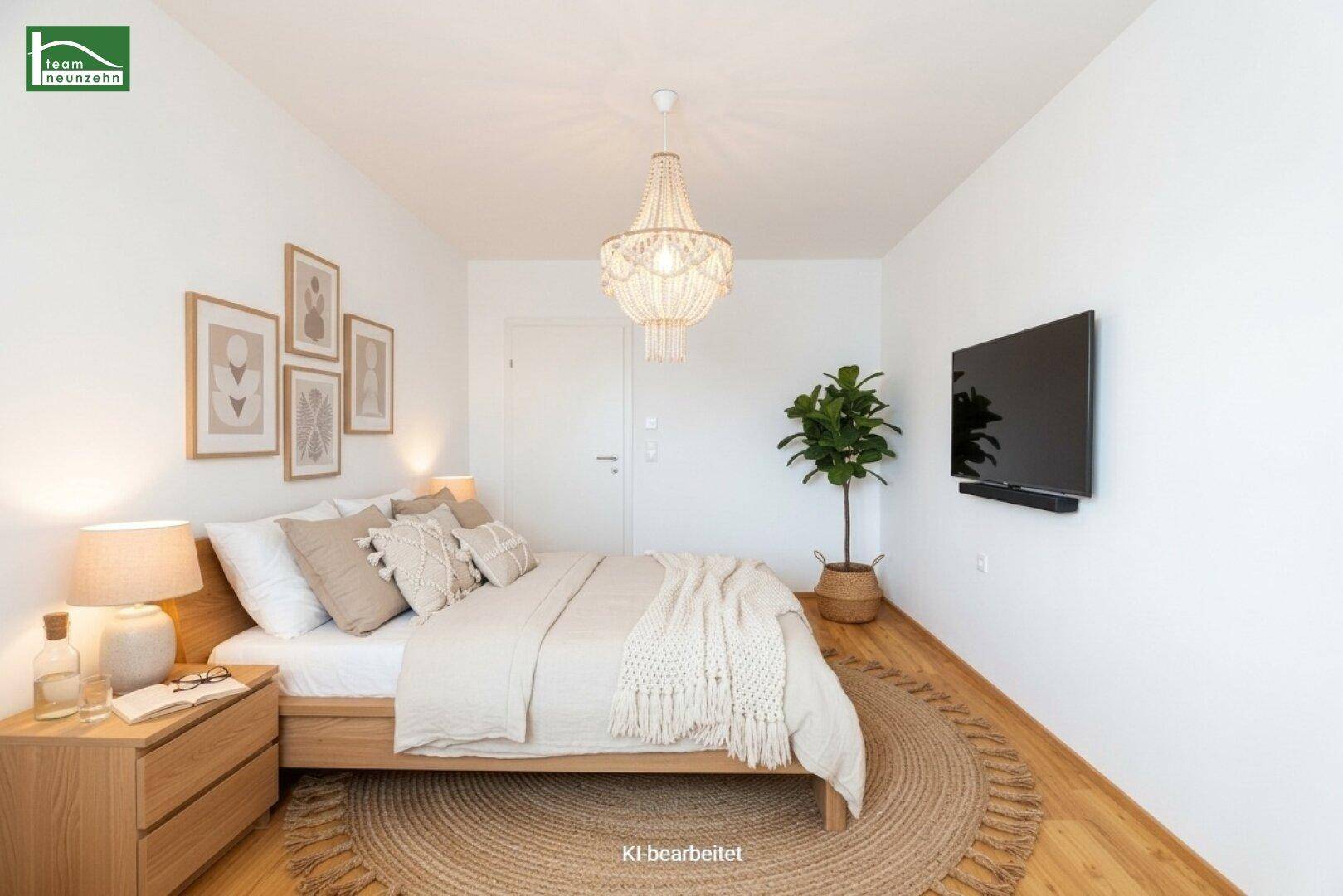 Gemütliches Schlafzimmer mit hellem Holzbett, moderner Dekoration und Wandfernseher.