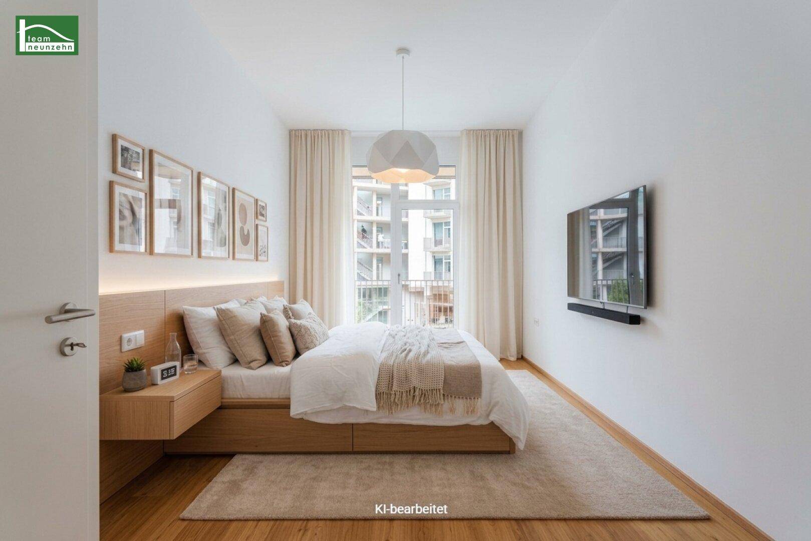 Helles Schlafzimmer mit modernem Holzbett, Teppichboden und Zugang zu einem Balkon.