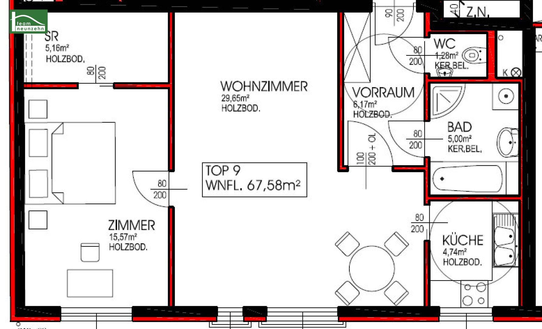 Grundriss der Wohnung Top 9 mit 67,58m² Wohnfläche, aufgeteilt in Wohnzimmer, Zimmer, Küche, Bad und WC.