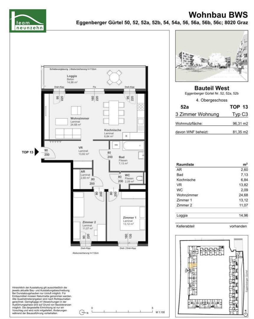 Grundriss einer 3-Zimmer-Wohnung mit offener Wohnküche, Loggia und zwei Schlafzimmern.