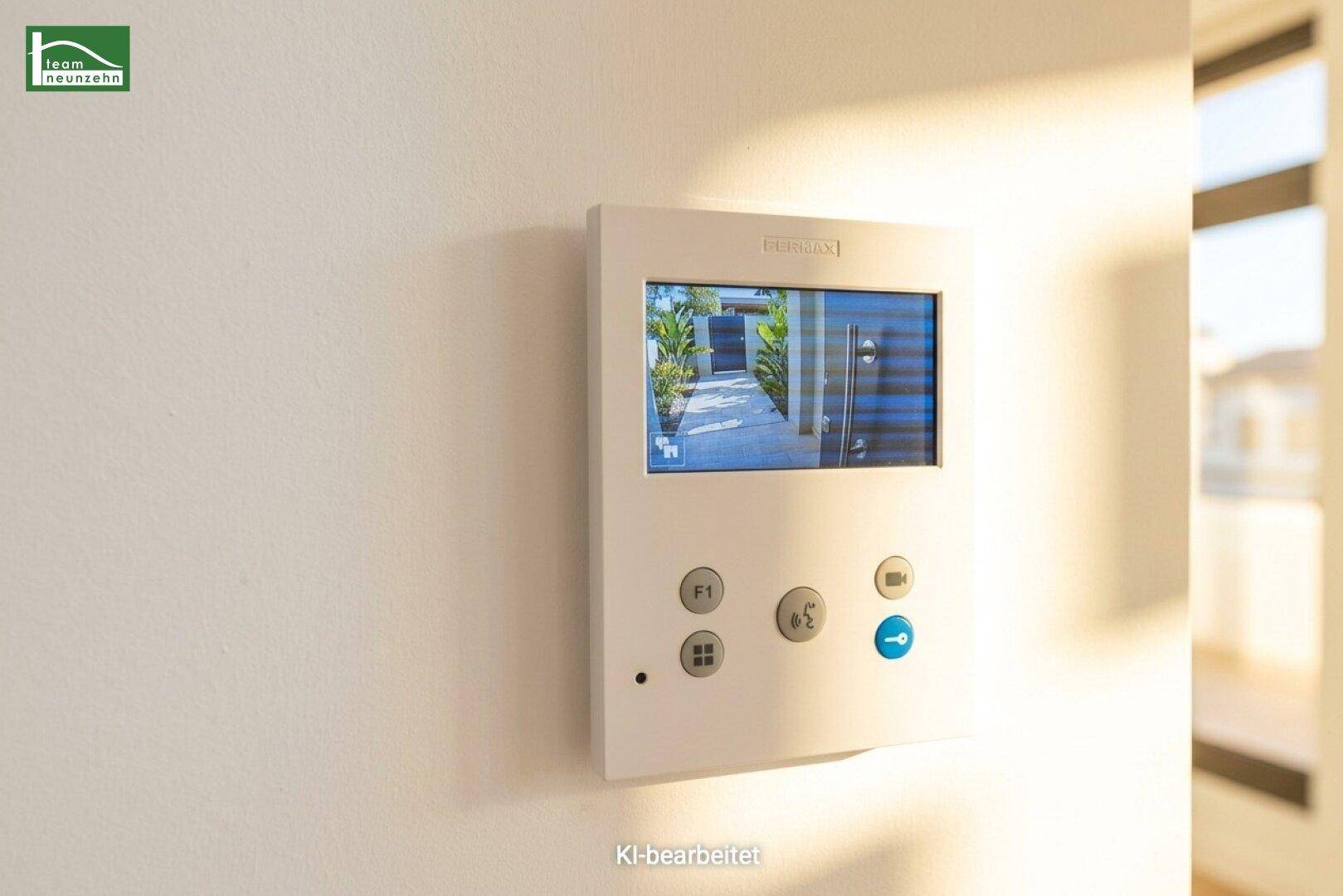 Modernes Video-Gegensprechanlage-System an der Wand mit Live-Ansicht des Eingangsbereichs.