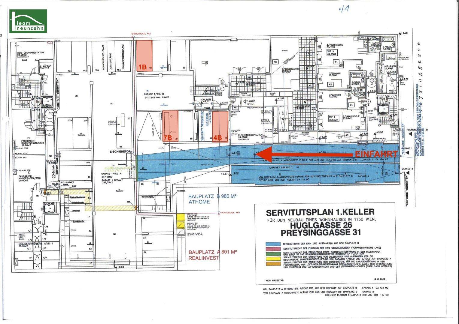 Servitutsplan des Kellers für ein neues Wohnhaus in Wien mit Tiefgaragenzufahrt.