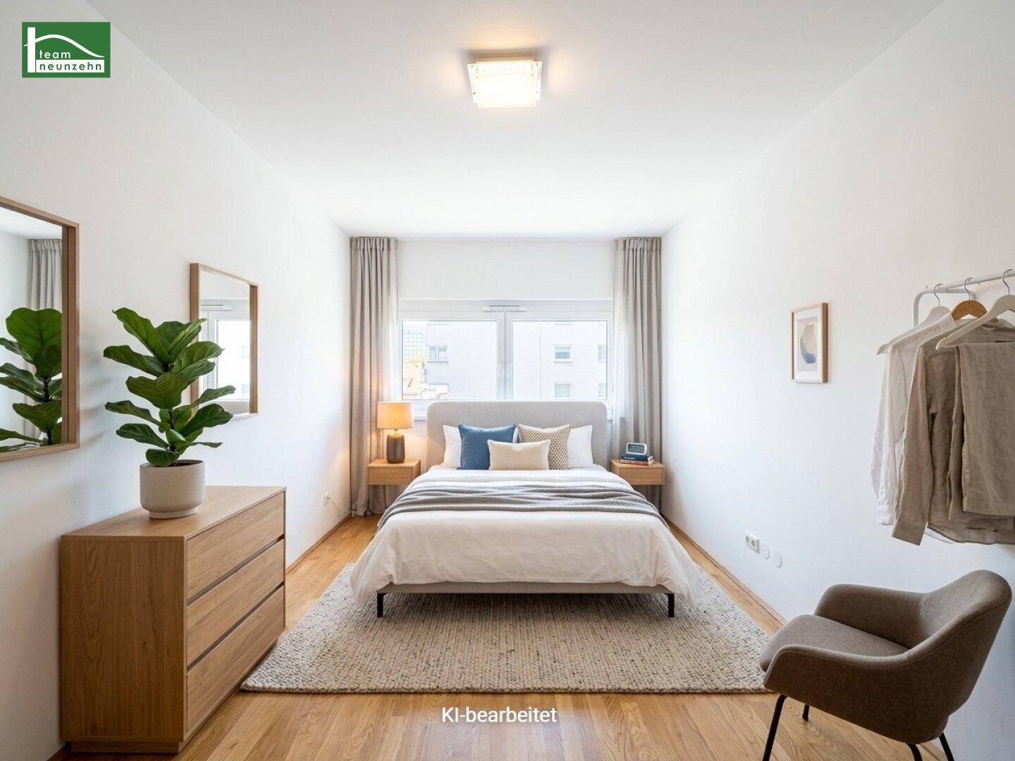 Modern eingerichtetes Schlafzimmer mit Doppelbett, Holzmöbeln und einem großen Fenster, künstlich bearbeitet.