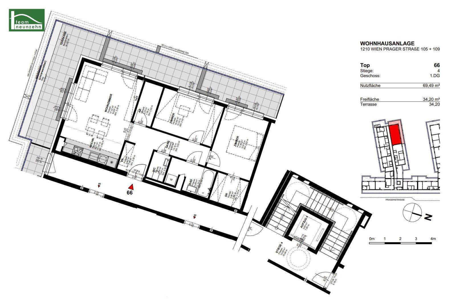 Dieser Grundriss zeigt eine moderne Wohnung mit offenem Wohnbereich, zwei Schlafzimmern und einer großen Terrasse.