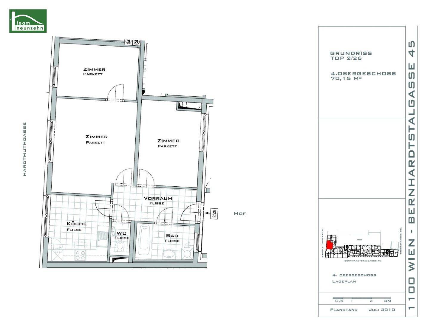 Grundriss der Wohnung im 4. Obergeschoss mit drei Zimmern, Küche und Bad.