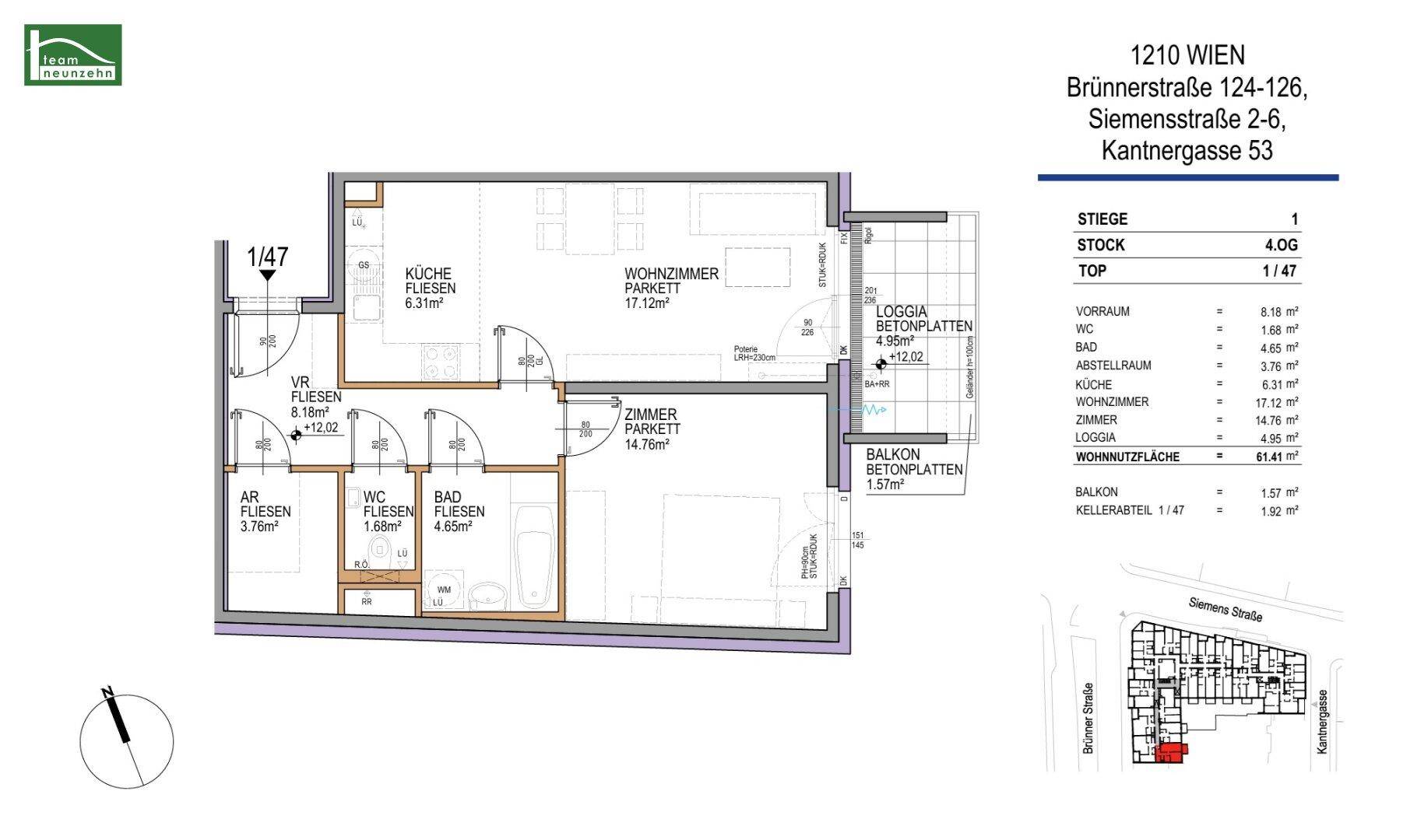 Detaillierter Grundriss der Wohnung mit Raumaufteilung, Flächenangaben und Balkonzugang.