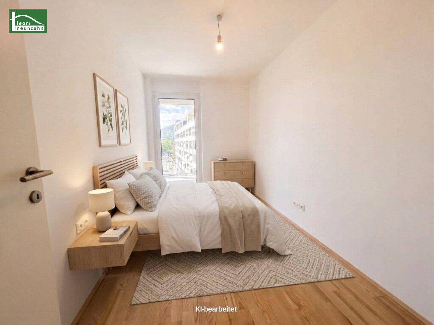 Virtuell inszeniertes Schlafzimmer mit modernem Holzbett, Nachttischen und Parkettboden.