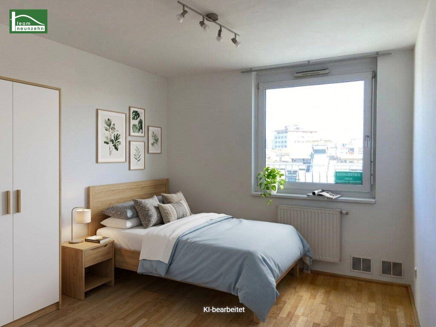 Virtuell eingerichtetes Schlafzimmer mit modernem Bett, Kleiderschrank und stilvoller Dekoration.