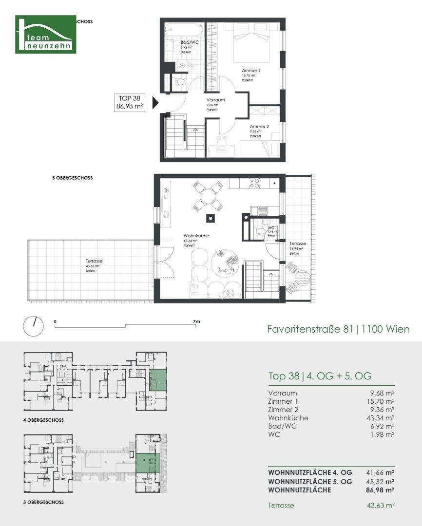 Grundriss einer Maisonette-Wohnung mit offener Wohnküche, zwei Schlafzimmern und großer Terrasse auf zwei Ebenen.