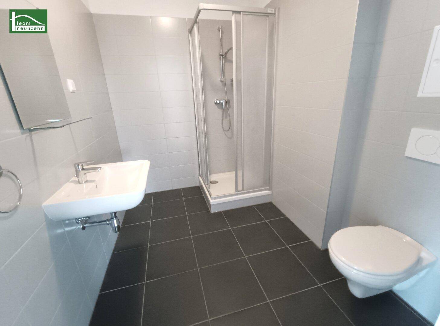Modernes Badezimmer mit grauen Fliesen, Duschkabine, wandhängendem WC und Einzelwaschbecken.