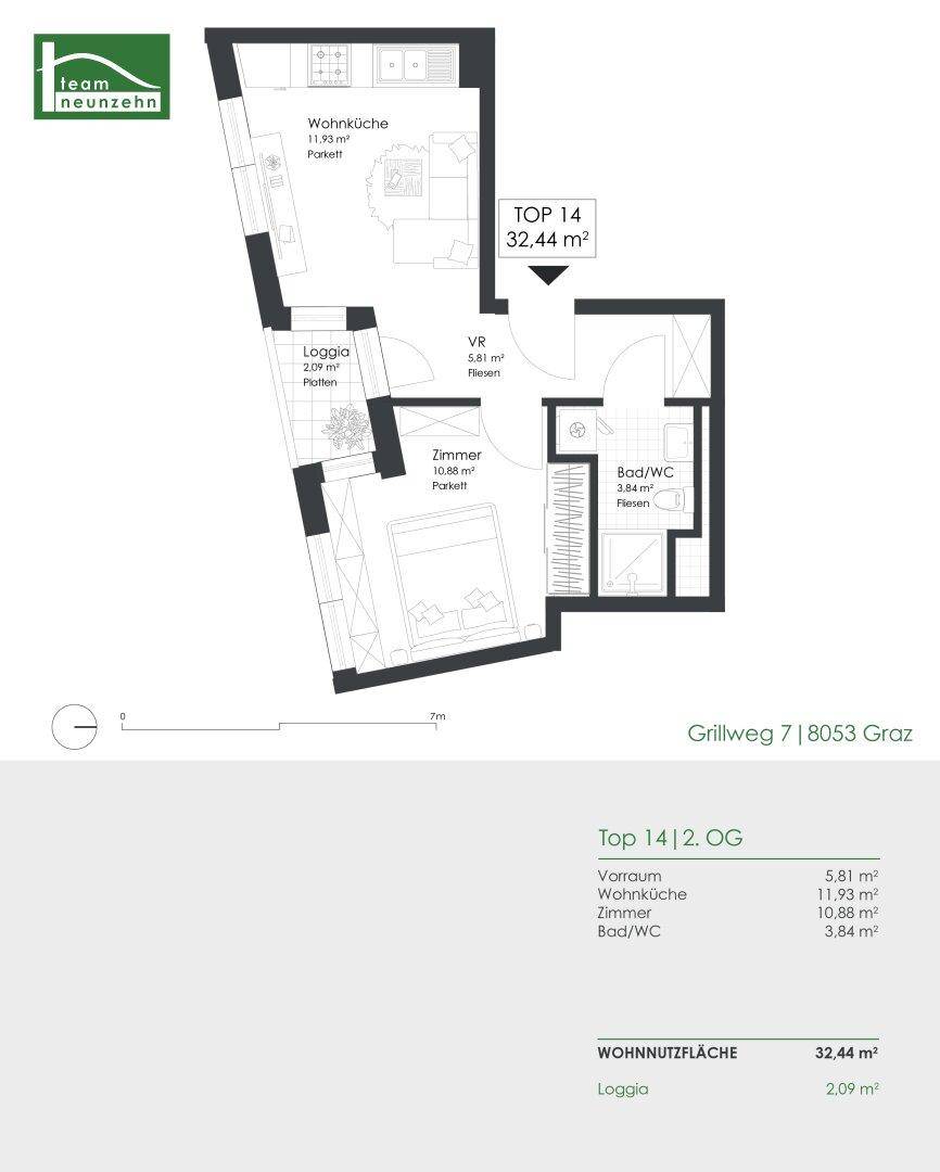 Grundrissplan einer kompakten Wohnung mit offener Wohnküche, einem Schlafzimmer und einer Loggia.