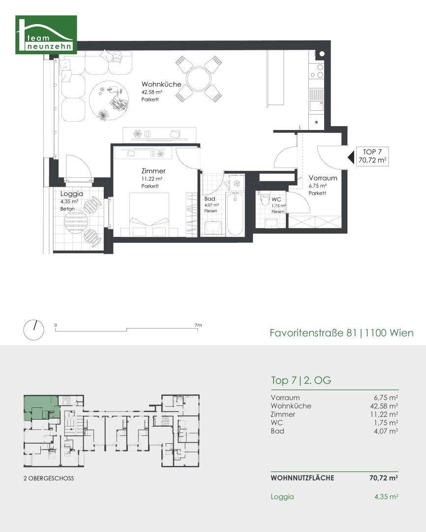 Grundriss einer Wohnung mit offener Wohnküche, einem Schlafzimmer, Bad, separatem WC und einer Loggia.