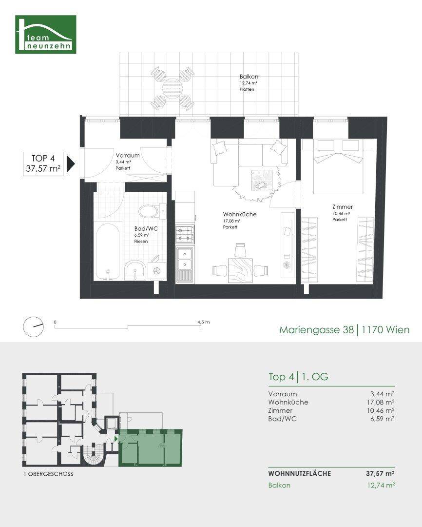 Detaillierter Grundriss der Wohnung TOP 4 im 1. Obergeschoss mit Wohnküche und Balkon.