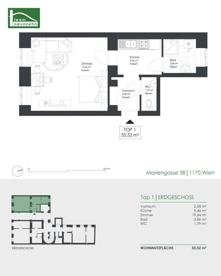 Detaillierter Grundriss einer Erdgeschosswohnung mit 33,32 m² Wohnfläche.
