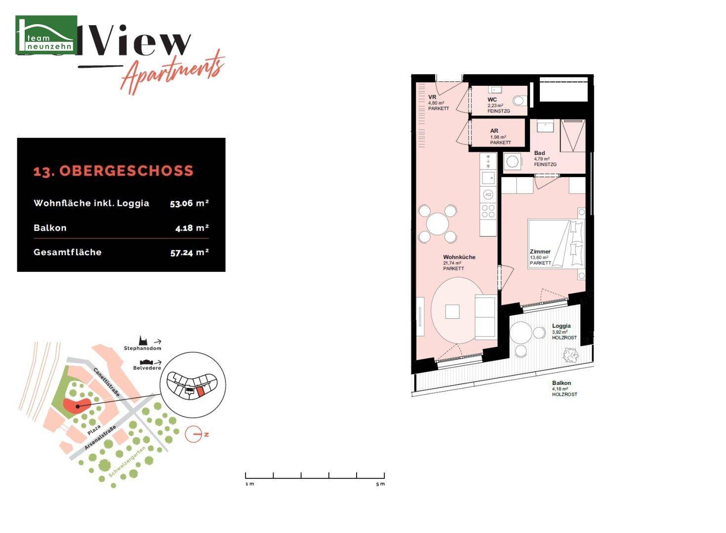 Grundriss einer Wohnung im Obergeschoss mit offenem Wohnbereich, Loggia und Balkon.