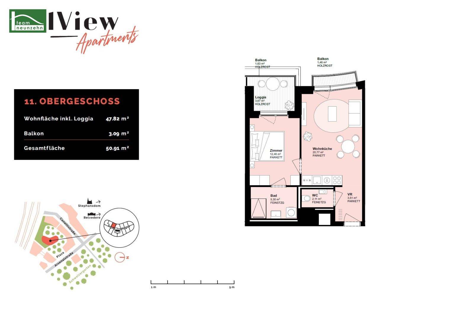 Detaillierter Grundriss einer Wohnung im 11. Obergeschoss mit Loggia und Balkon.