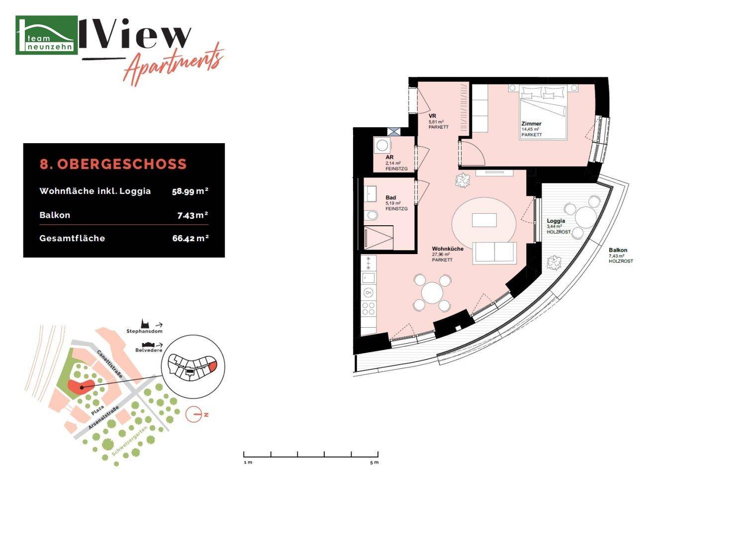 Grundriss einer Wohnung im 8. Obergeschoss mit Loggia und Balkon, Gesamtfläche 66,42 m².