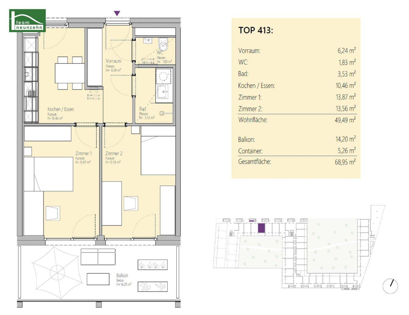 Grundriss der Wohnung TOP 413 mit zwei Zimmern, Bad, WC und Balkon.
