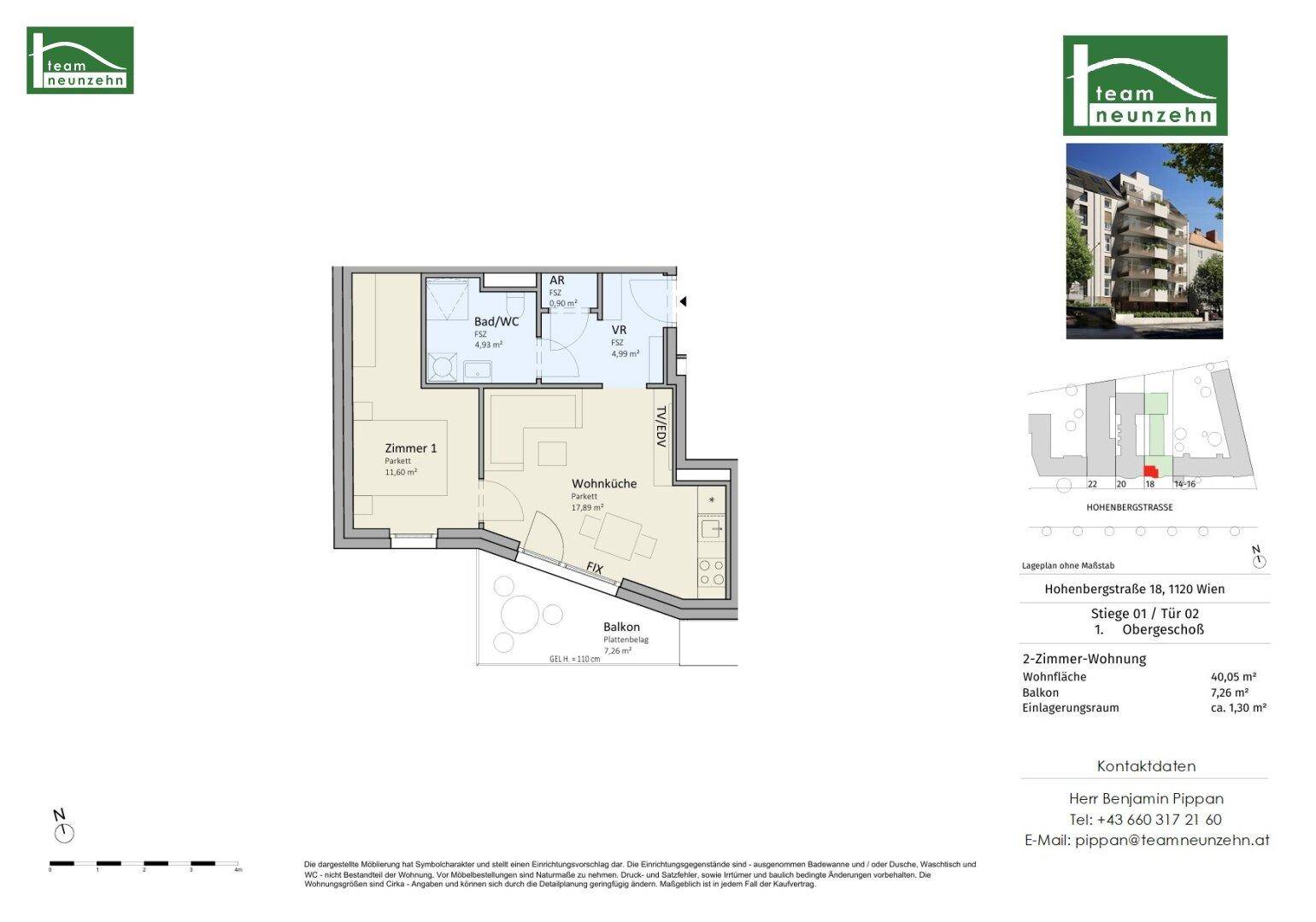 Grundriss einer 2-Zimmer-Wohnung mit Balkon und detaillierten Flächenangaben.