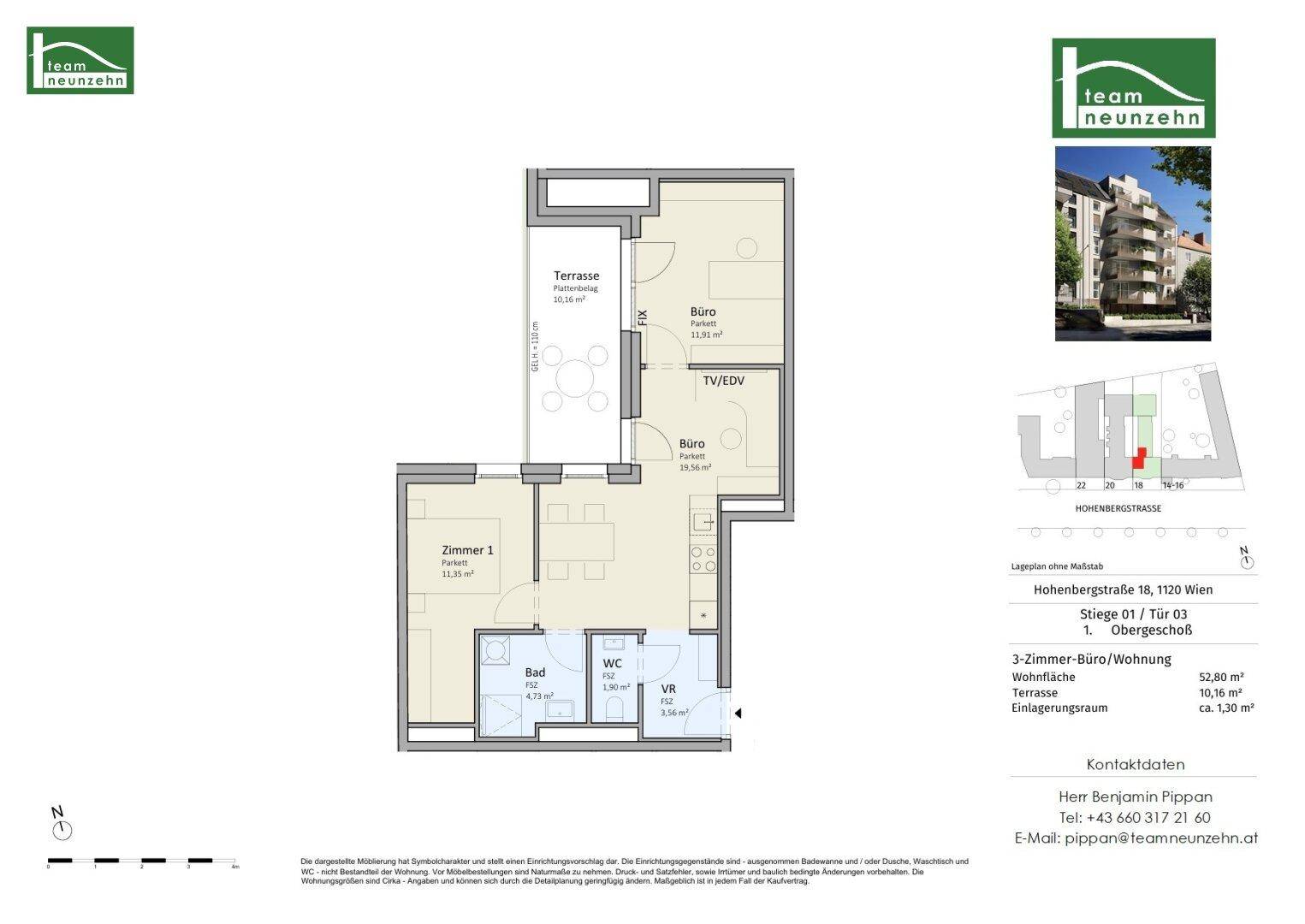 Grundriss einer 3-Zimmer-Wohnung mit Terrasse und separatem WC.