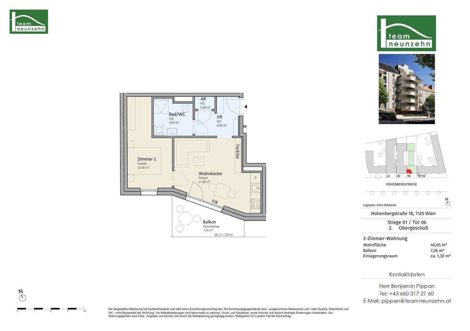 Grundriss einer 2-Zimmer-Wohnung mit Balkon und separatem Bad/WC.