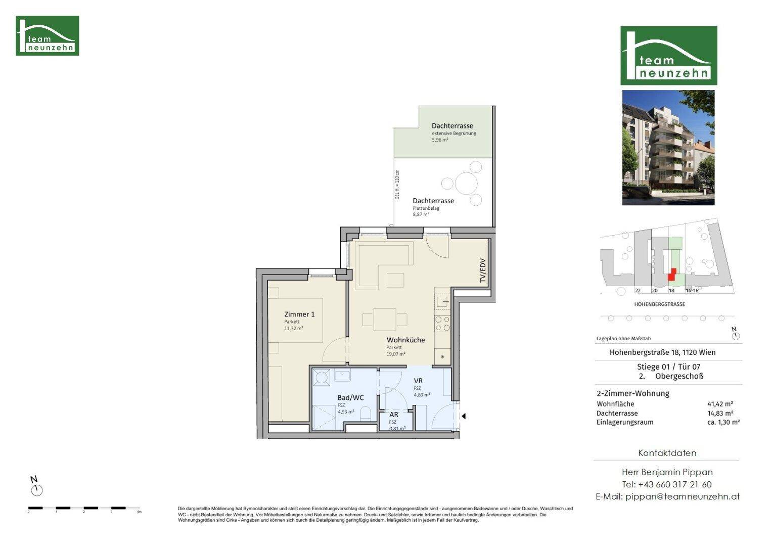 Grundriss einer 2-Zimmer-Wohnung mit Wohnküche, Bad und zwei Dachterrassen.
