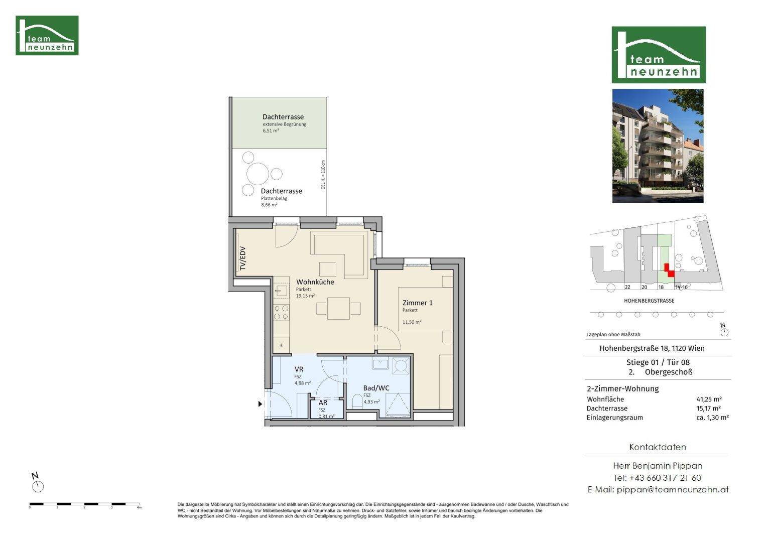 Grundriss einer 2-Zimmer-Wohnung mit Wohnküche, Bad und Dachterrasse.