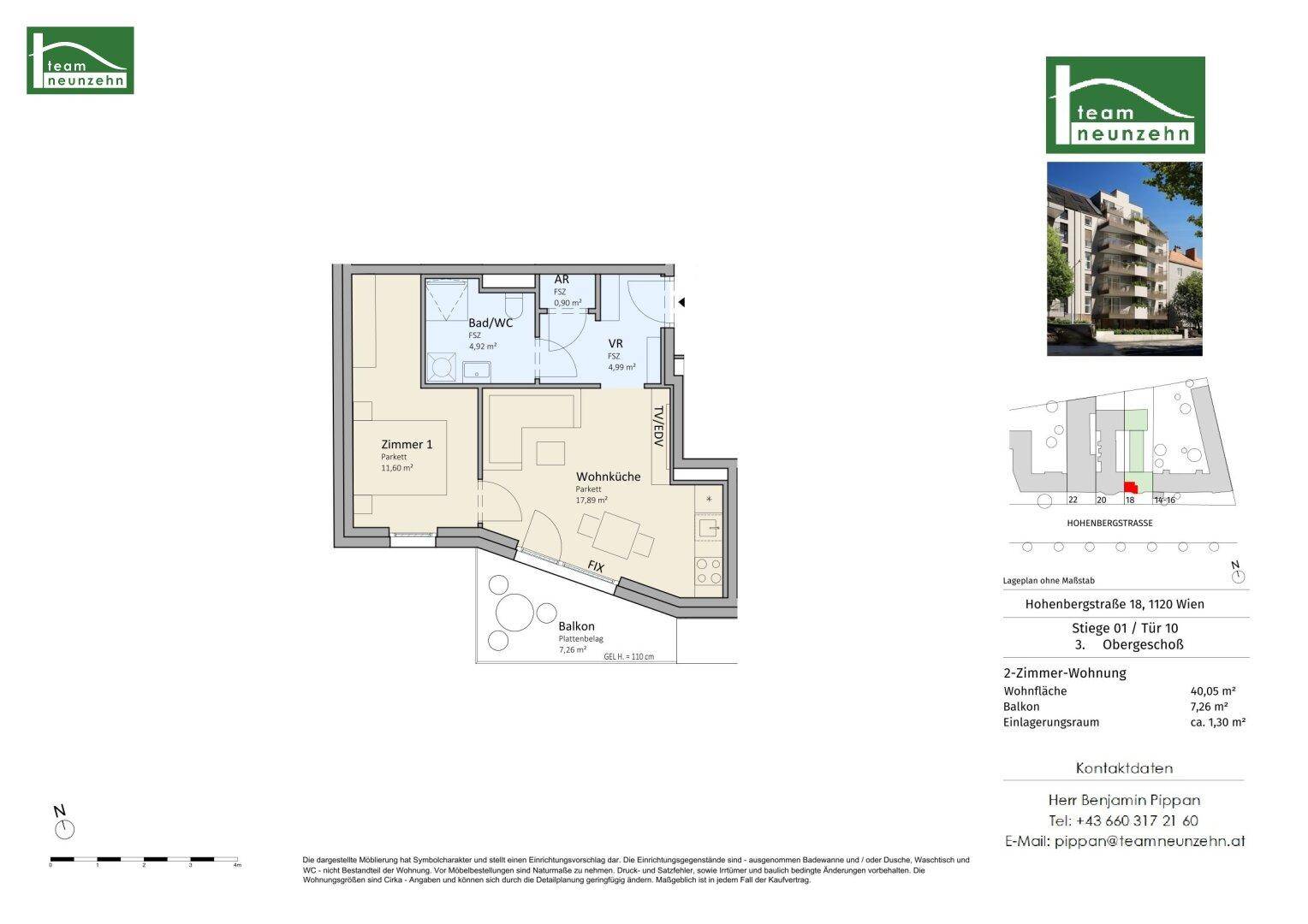 Grundriss einer 2-Zimmer-Wohnung mit Wohnküche, Bad und Balkon im 3. Obergeschoss.