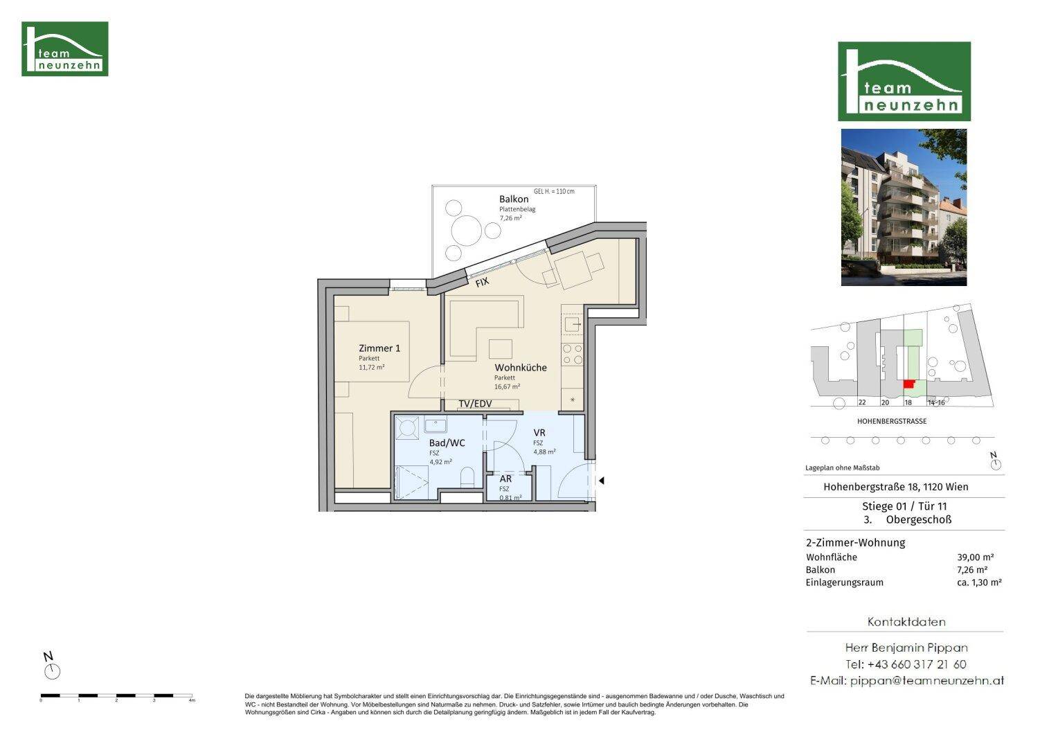 Grundriss einer modernen 2-Zimmer-Wohnung mit Balkon und offener Wohnküche.