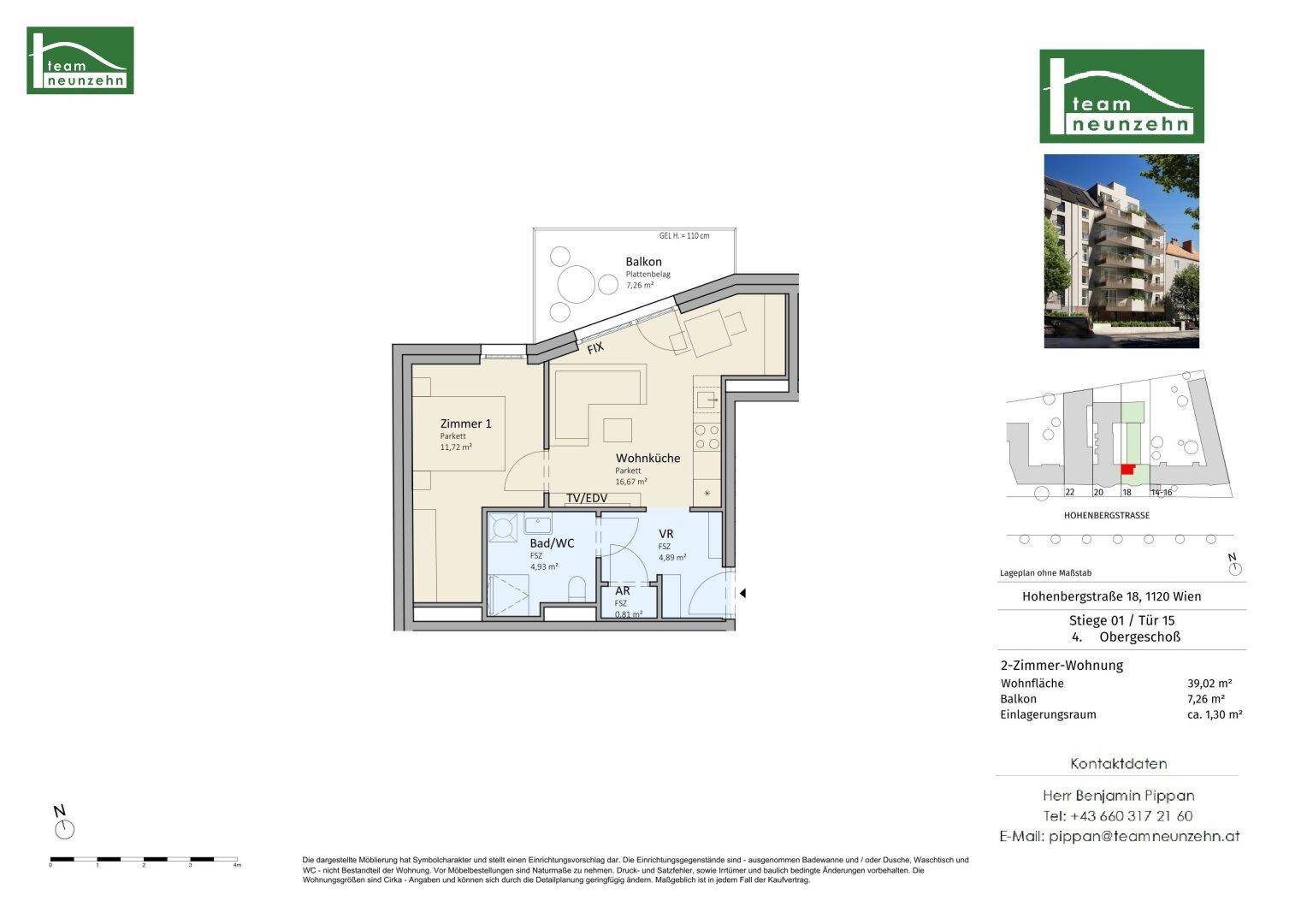 Grundriss einer 2-Zimmer-Wohnung mit Balkon und offener Wohnküche.
