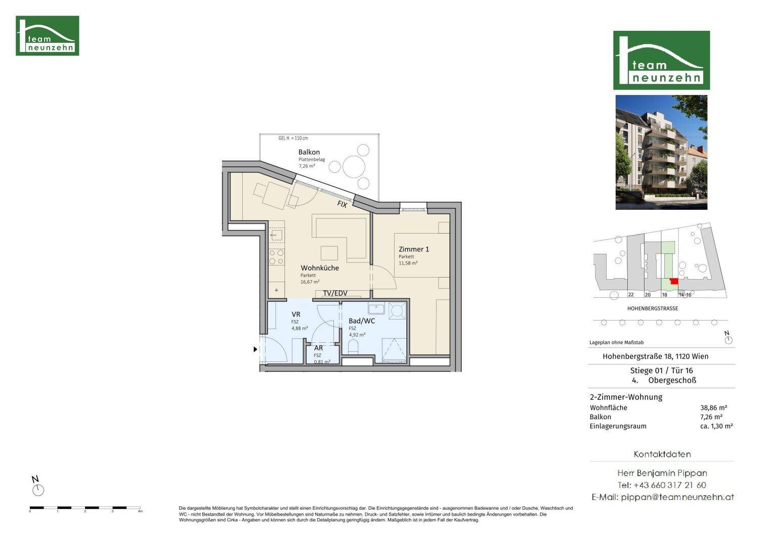 Grundriss einer 2-Zimmer-Wohnung mit Wohnküche, Bad und Balkon.