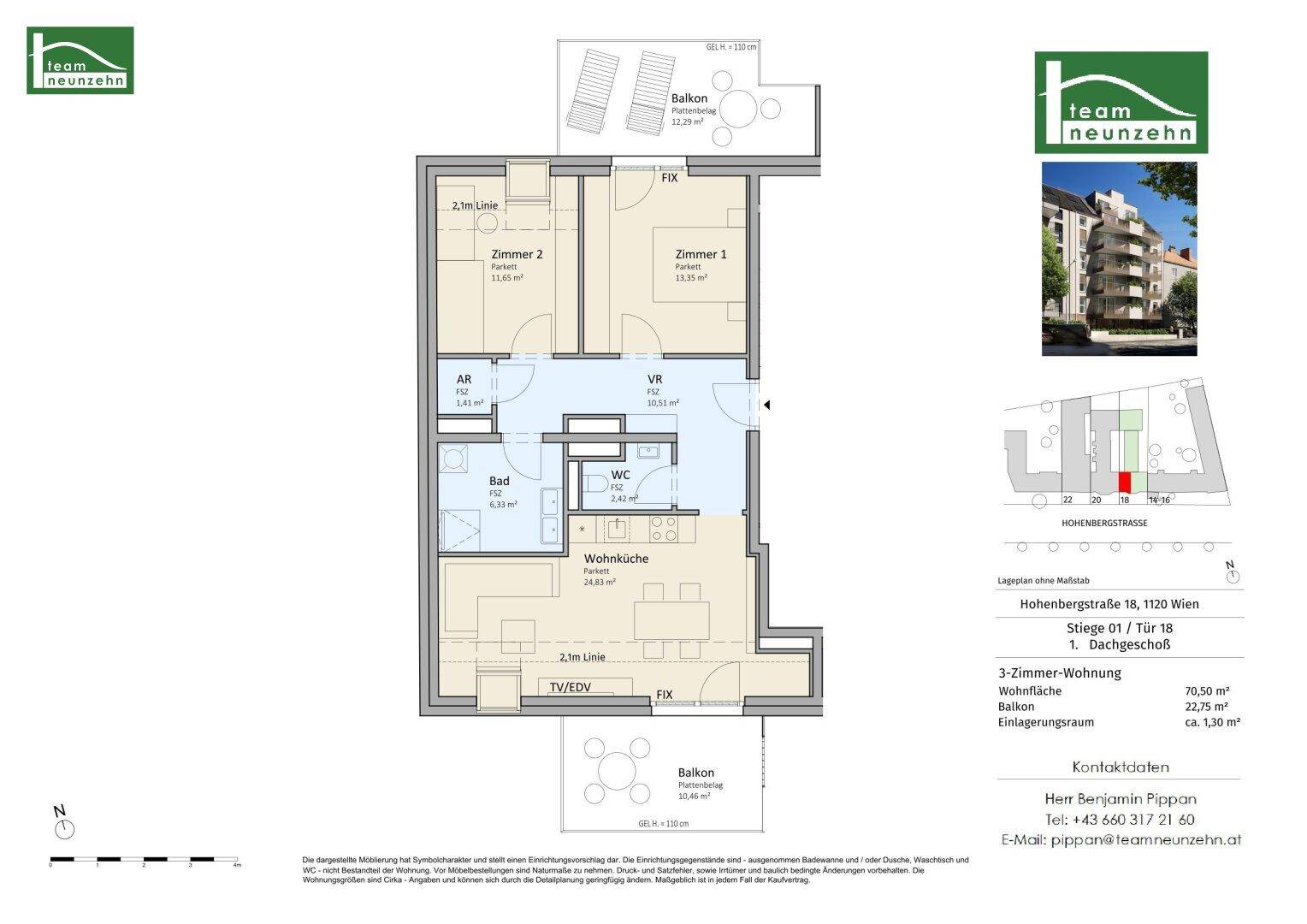 Detaillierter Grundriss einer 3-Zimmer-Wohnung mit Balkonen und klarer Raumaufteilung.