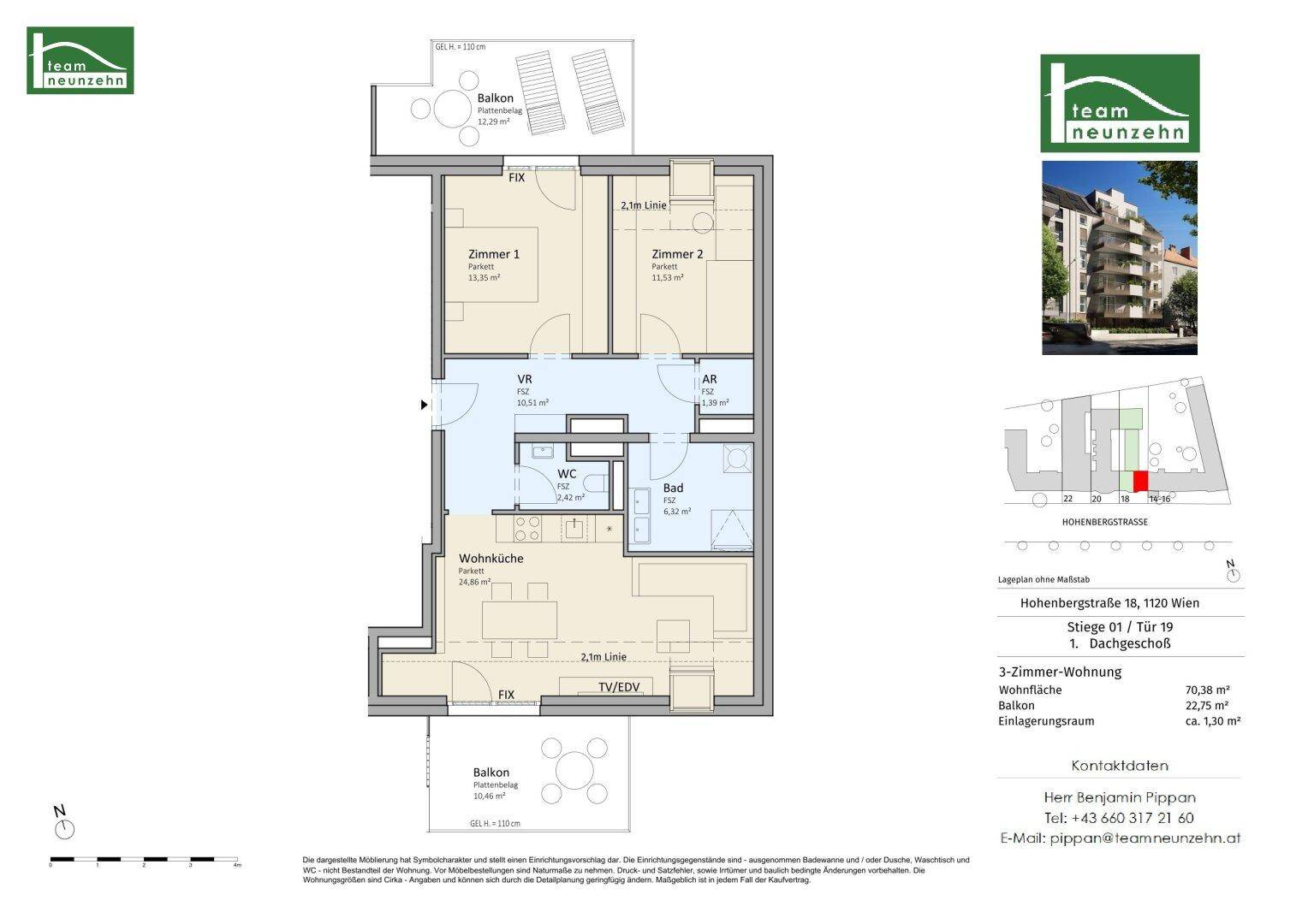 Grundriss einer 3-Zimmer-Wohnung mit Wohnküche, Abstellraum und zwei Balkonen.