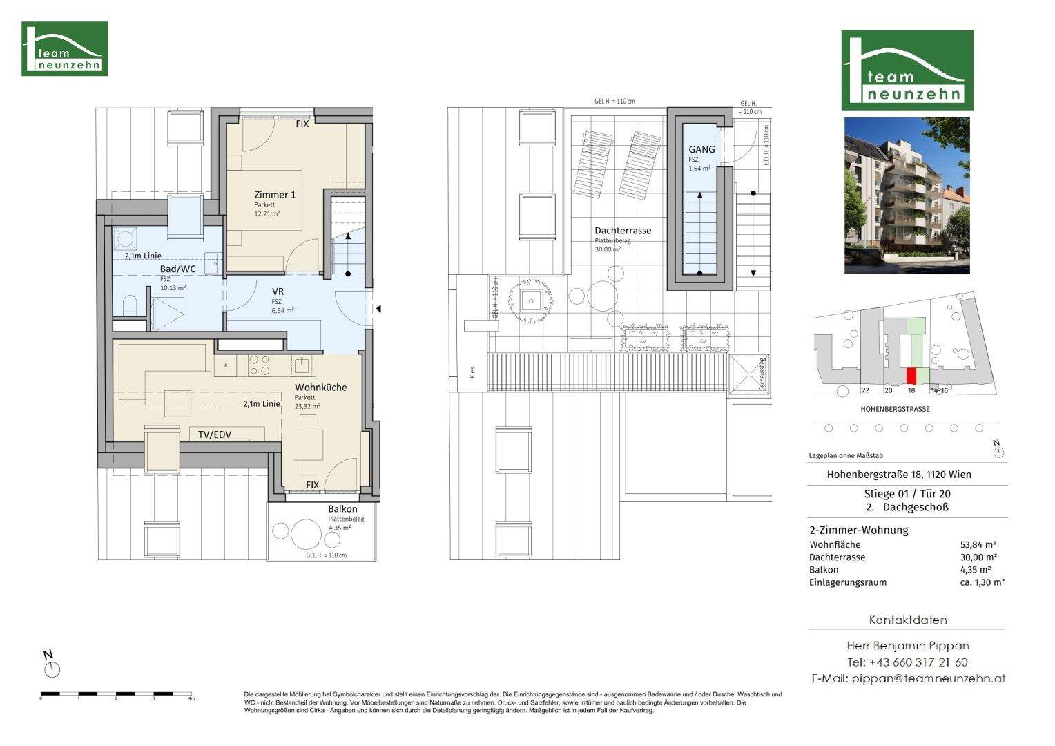 Grundriss einer 2-Zimmer-Wohnung mit Balkon und großer Dachterrasse auf zwei Ebenen.