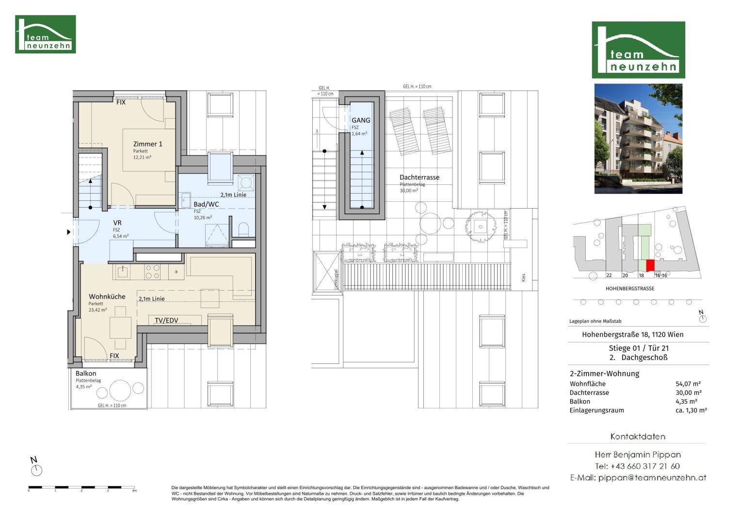 Detaillierter Grundriss einer 2-Zimmer-Wohnung mit Balkon und Dachterrasse auf zwei Ebenen.