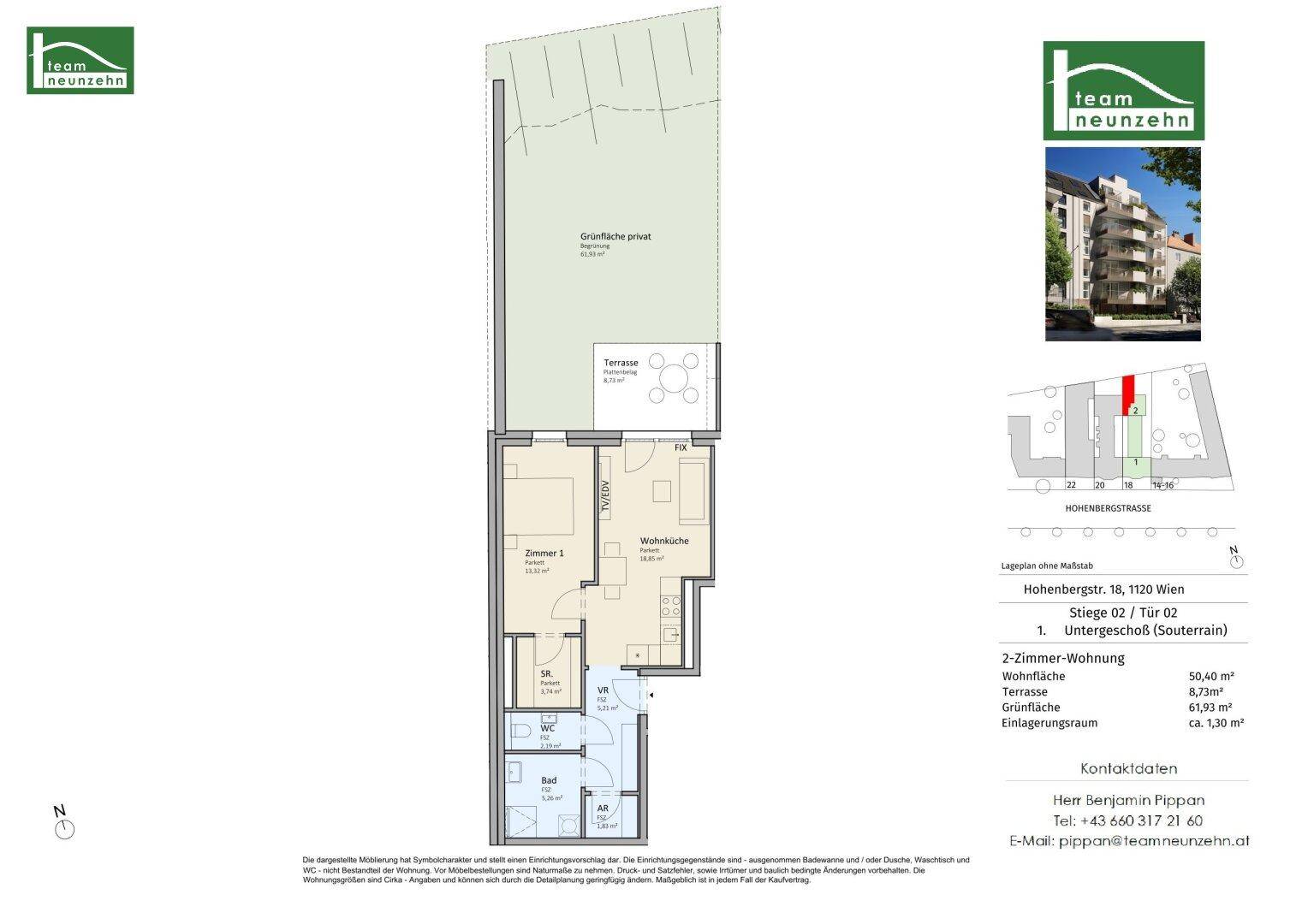 Grundriss einer 2-Zimmer-Wohnung im Untergeschoss mit Terrasse und Grünfläche.