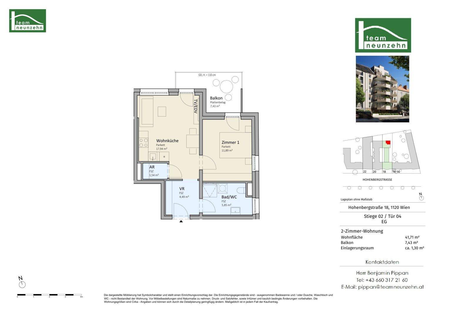 Grundriss einer 2-Zimmer-Wohnung im Erdgeschoss mit Balkon und integriertem Bad/WC.