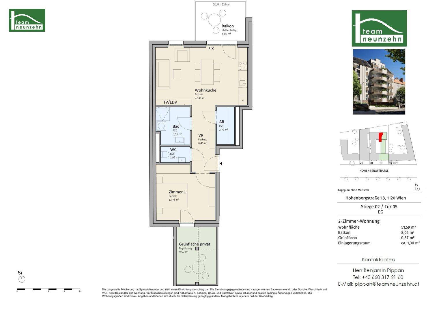 Grundriss einer 2-Zimmer-Wohnung mit Wohnküche, Schlafzimmer, Bad und privater Grünfläche.
