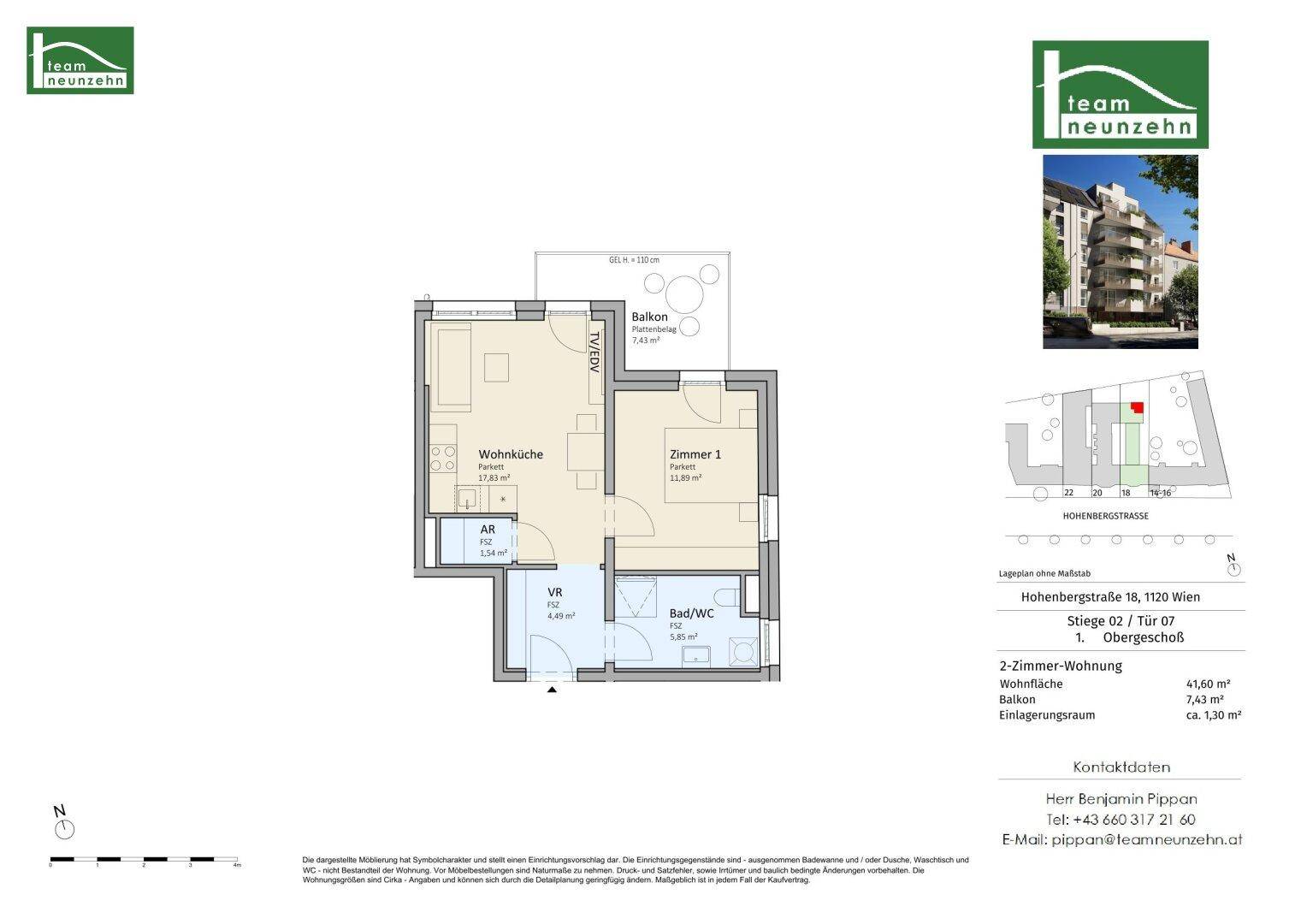 Grundriss einer 2-Zimmer-Wohnung mit Wohnküche, Balkon und separatem Bad/WC.