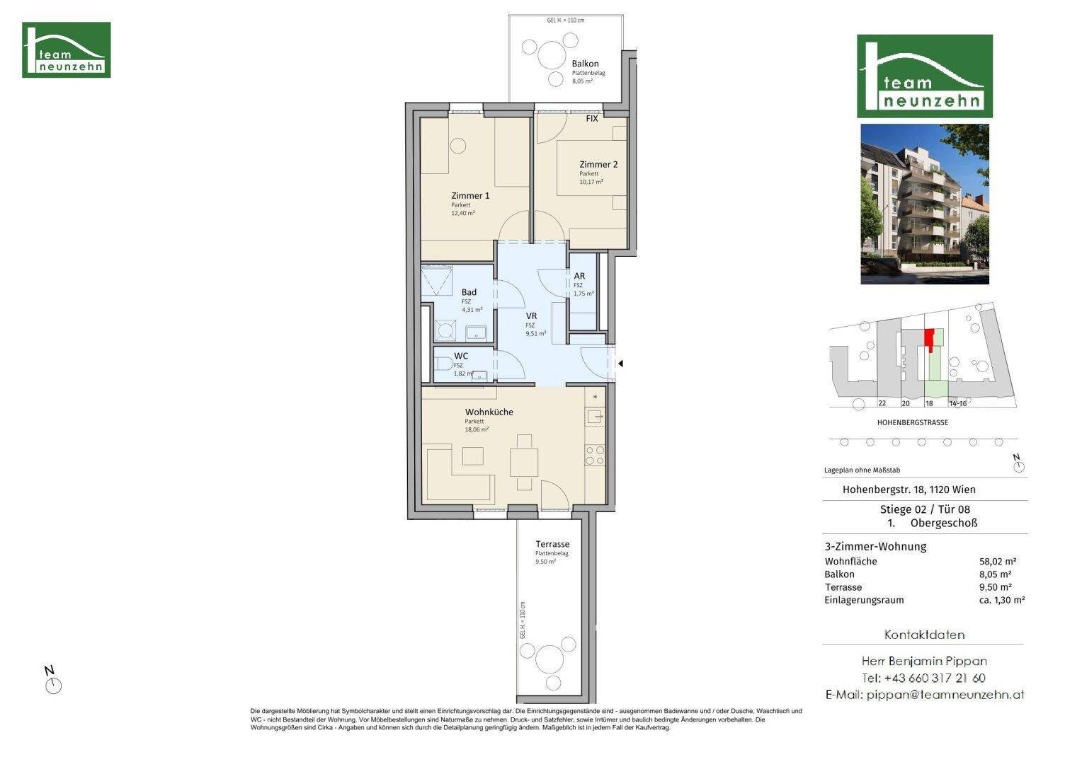 Grundriss einer 3-Zimmer-Wohnung mit Wohnküche, Bad, WC, Balkon und Terrasse.