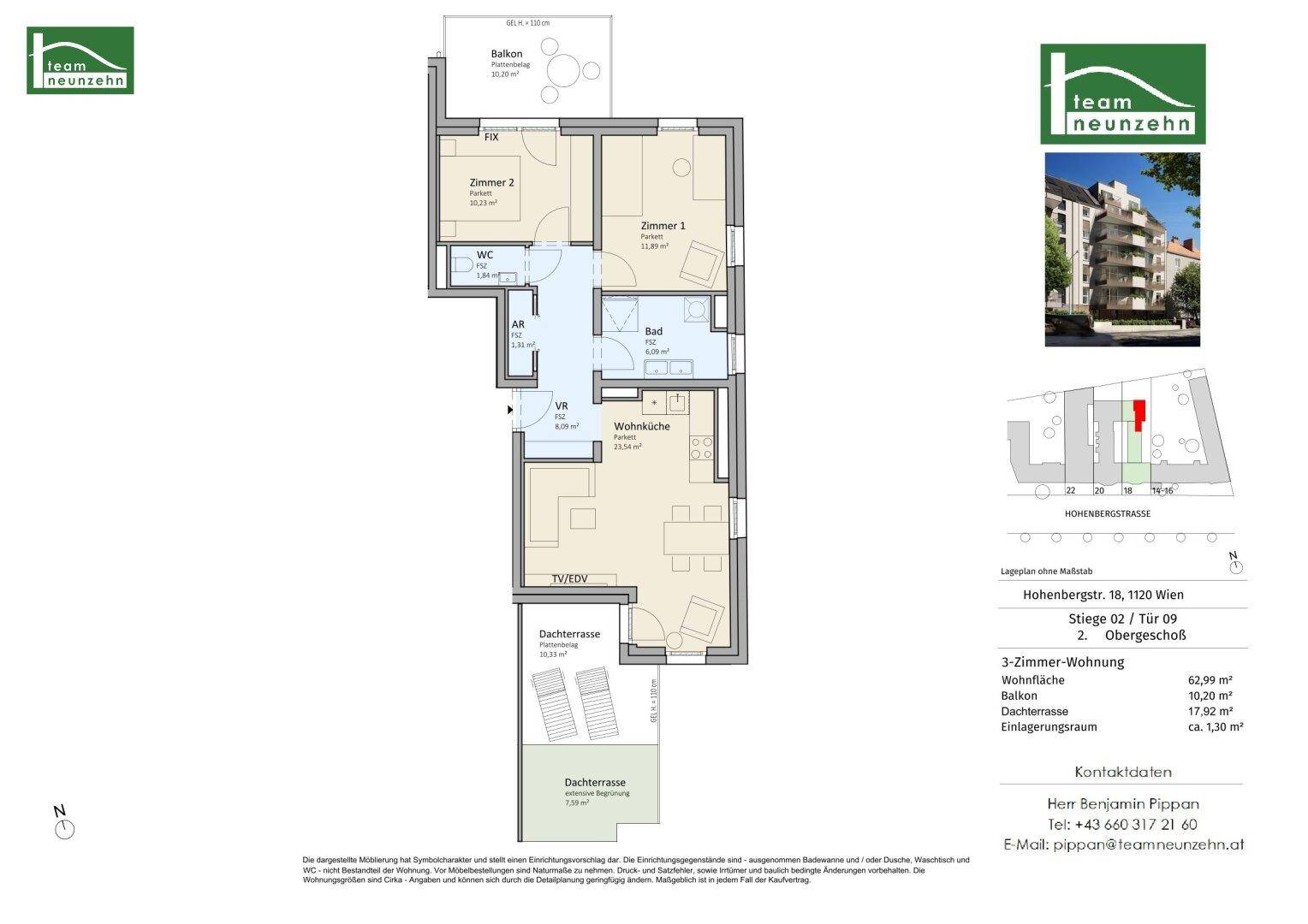 Grundriss einer 3-Zimmer-Wohnung im 2. Obergeschoss mit Balkon und Dachterrasse.